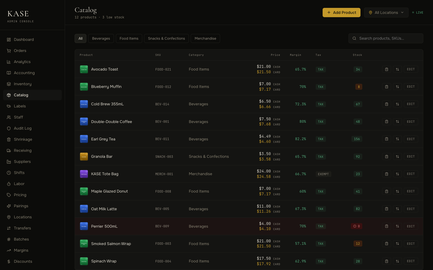 Kasentia catalog screen showing products, SKUs, categories, margin, and stock