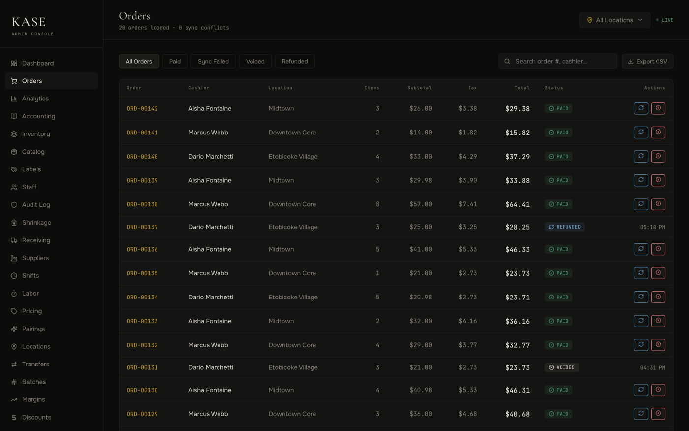 Kasentia orders screen listing every transaction across locations with status