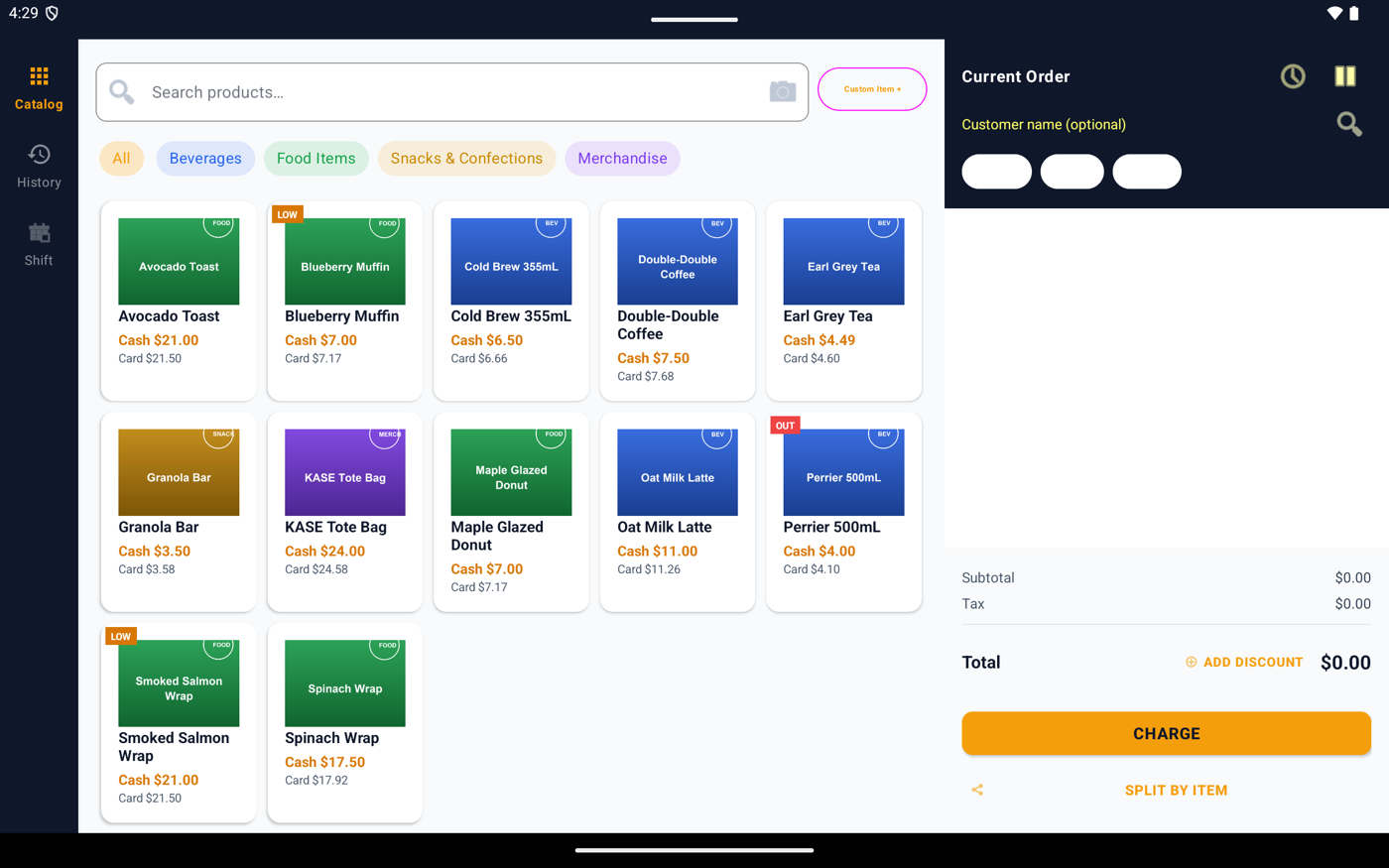Kasentia register screen showing the product catalog and current order with cash and card pricing