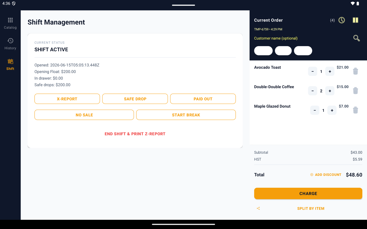 Kasentia shift management screen showing float, safe drops, and X-report